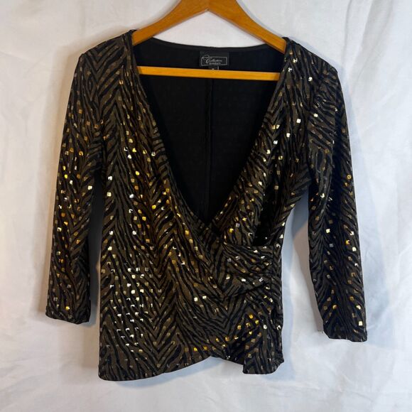 Dressbarn Animal Print Metallic Vneck Dressy Faux Wrap Blouse Cocktail Size MD - Picture 9 of 9